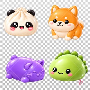 May include: A set of four glossy, rounded figurines featuring a white dumpling with black ears, an orange dog, a purple cat with closed eyes, and a light green dinosaur with a row of small spikes along its back, all with smooth surfaces.