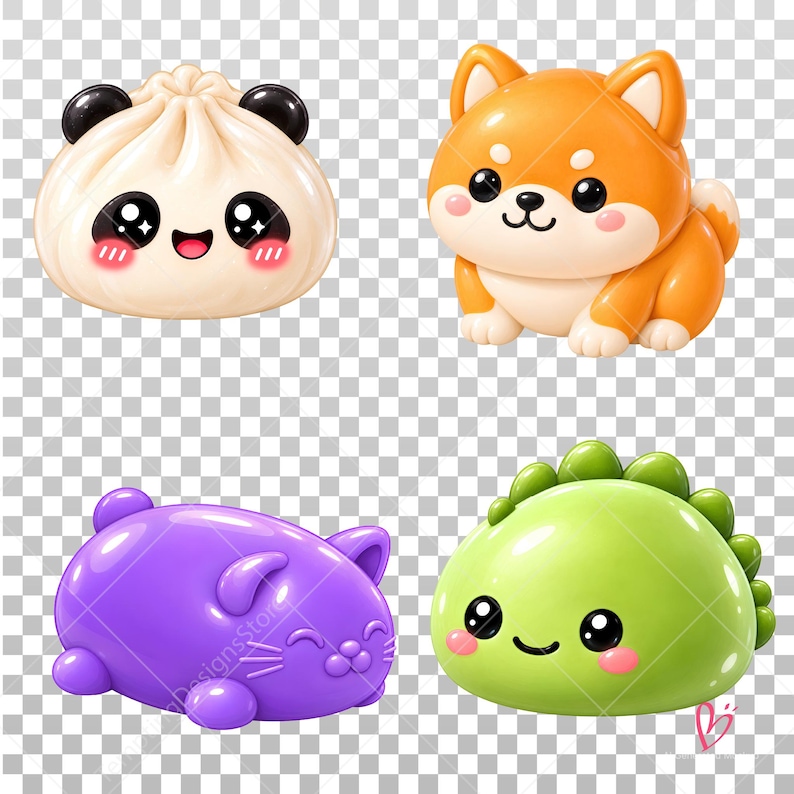 May include: A set of four glossy, rounded figurines featuring a white dumpling with black ears, an orange dog, a purple cat with closed eyes, and a light green dinosaur with a row of small spikes along its back, all with smooth surfaces.