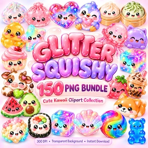 Squishy Clipart Bundle, Glitter Dumpling PNG, Cute Jelly Characters, Gummy Animals, Boba Tea, Pastel 3D Graphics, 150 PNG