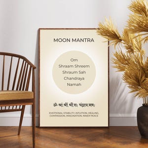 Moon Beej Mantra Wall Art Print, Chandra Vedic Astrology Remedies, Peace Stability Intuition Meditation Poster, Beige White Decor Gift