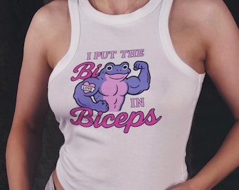 Ho messo il Bi nei bicipiti, canotta unisex divertente per l'orgoglio bisessuale, maglietta LGBTQ+ con rana, merchandising del mese dell'orgoglio, maglietta queer bisessuale sottile, orgoglio trans