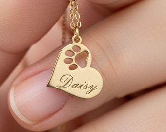 Personalized Paw Print Name Necklace – Custom Pet Memorial Jewelry, Gold Finish
