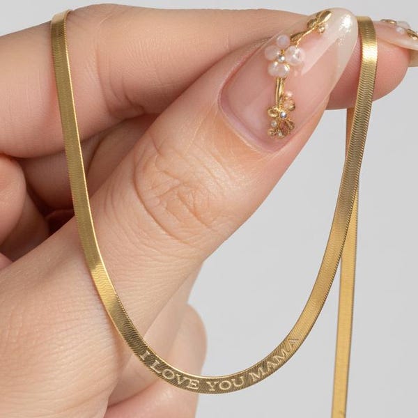Personalized 925 Silver Engraved Herringbone Necklace, Dainty Gold Flat Snake Chain, I Love You Mama Jewelry, Custom Nameplate Gift for Mom