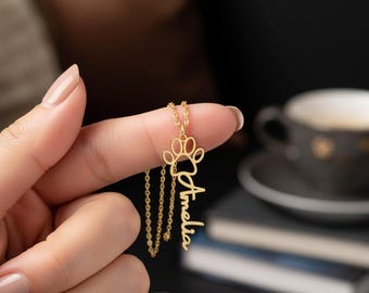 Personalized Paw Print Name Necklace – Custom Pet Lover Jewelry, Sterling Silver Gold