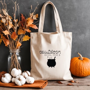Cauldron Boil Me Tote Bag | Witchy Halloween Market Bag | Reusable Canvas Tote for Spooky Season | Eco-Friendly