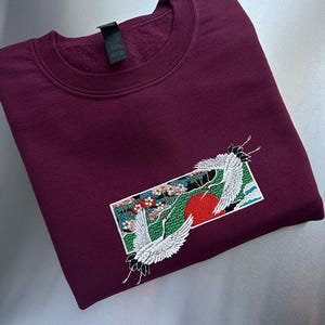 Japanese Crane Embroidered Sweatshirt, Vintage Japanese art Embroidered Hoodie, Bird shirt, Japanese gifts, Wearable Art