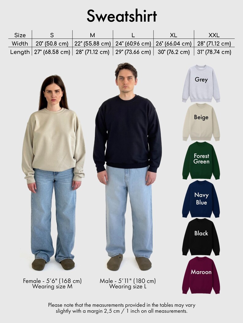 Pu&ograve; includere: Immagine di una felpa con dettagli di taglia e misura. Le taglie vanno dalla S alla XXL, con larghezze da 50,8 cm a 71,12 cm e lunghezze da 68,58 cm a 78,74 cm. La felpa &egrave; disponibile in grigio, beige, verde foresta, blu navy, nero e bordeaux.