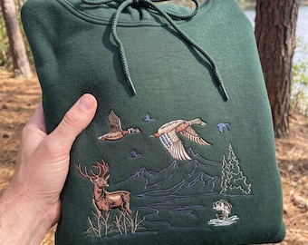 Deer Embroidered Hoodie, Vintage Wildlife Crewneck Sweatshirt, Duck Hunting Shirt, Outdoorsy Gifts For Men