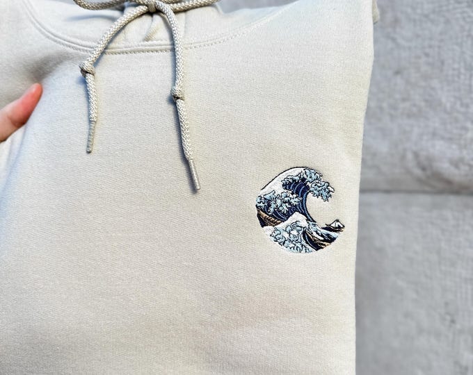 The Great Wave off Kanagawa Embroidered Sweatshirt, Japanese Ukiyoe Art by Hokusai, Woodblock Art, Japanese gifts, Kanagawa Shirt