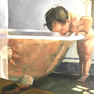 May include: An oil painting depicts a young child leaning over the edge of a vintage bathtub. The tub has a floral design on the side. A green bottle, brush, and sponge sit on a nearby surface. The artist's signature is in the lower right corner.