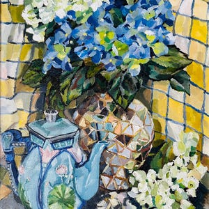 May include: An oil painting of a still life featuring a blue teapot with floral designs, a decorative vase, and bouquets of white and blue hydrangeas. The background is a yellow and white checkered pattern.