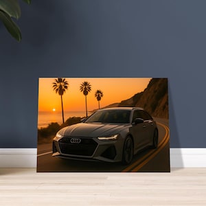 Sunset Motion – Póster del Audi RS6 en gris Nardo / Arte mural moderno de superdeportivo / Impresión de coche de alto rendimiento / Decoración automotriz de atardecer