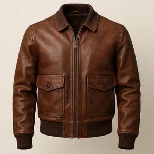 Men&#39;s Brown Leather Bomber Jacket: Vintage Aviator Style, Handmade