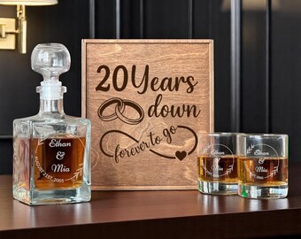 Whiskey Gift Set for 20th Wedding Anniversary, Personalized Decanter and Glasses, Gift Box for Husband, Porcelain Theme Gif