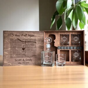 Carte de notre lieu de rencontre, carte personnalisée, carafe à whisky, cadeau premier rendez-vous, verres gravés, cadeau d'anniversaire, cadeau de mariage, cadeau pour lui