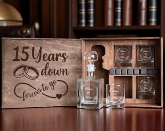 15th Anniversary Gift For Husband, Whiskey Decanter Set, Crystal Anniversary Gift, Custom Etched Glass, Wedding Gift Him