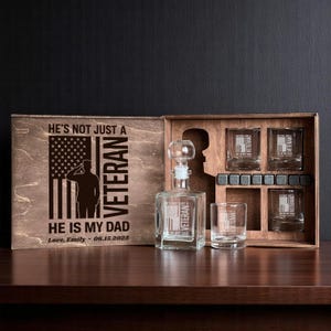 Army Father’s Day Gift, Whiskey Decanter Set, Military Dad Gift, Patriotic Gifts, Etched Rocks Glass, Custom Army Gift for Dad, Gift For Him