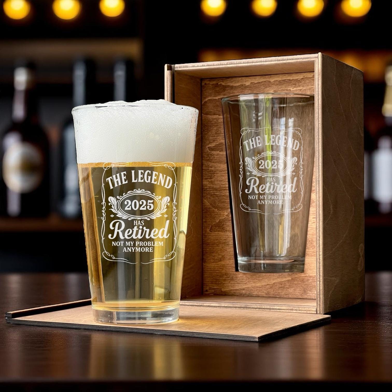 Custom Pint Glass Gift for Retired Man Funny Retirement Box Not My Problem Anymore 2025 Personalized Engraved Beer Present