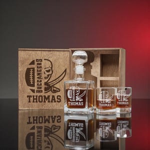 Custom Football Whiskey Set For Men, Etched Decanter And Matching Engraved Glasses Presented In A Wooden Box Gift