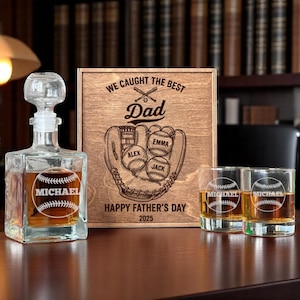 Baseball Fan Whiskey Gift, Gift for Dad, Coach, Grandpa, Custom Decanter Set, Personalized Glass, Fathers Day Baseball Present