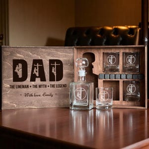 Lineman Gift Set, Whiskey Decanter for Lineman Dad, Fathers Day Gift, Personalized Glass, Utility Worker Gift, Custom Whiskey Set