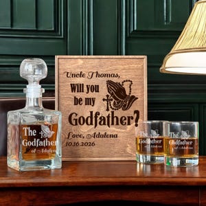 Godfather Proposal Gift – Custom Whiskey Decanter Set, Etched Whiskey Glasses, Personalized Box, Baptism Gift, Padrino Asking, Godfather Set