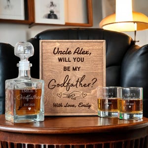 Be My Godfather Gift Set – Personalized Decanter, Whiskey Glasses, Custom Wooden Box, Baptism Gift, Godfather Proposal,  Padrino Gift