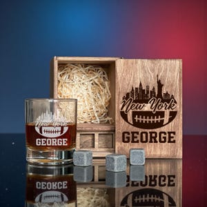 Engraved Football Bar Gift For Him, Etched Whiskey Decanter With Matching Drinking Glasses In A Personalized Wooden Box