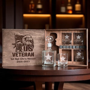 Soldier Whiskey Decanter Gift Set Military Retirement Present Army Dad Gift Box Custom Rocks Glass Personalized Engraved Barware