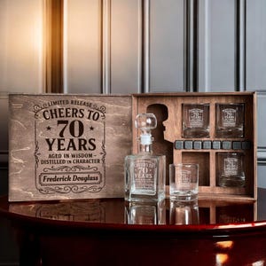 70th Birthday Gift, Whiskey Decanter Set, 70th Gift for Him, 1955 Whiskey Glass, Cheers to 70 Years, Custom Etched Glass, Engraved Gift Box