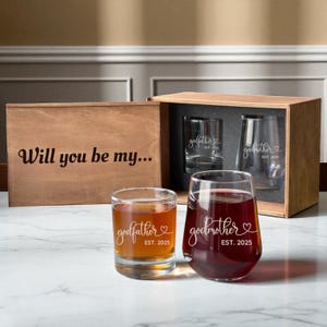 Godfather and Godmother Gift Box Engraved Wine and Whiskey Glass Set custom proposal gift for godparents wooden present idea