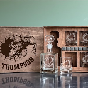 Engraved Football Whiskey Decanter Set – Christmas Gift with Personalized Wooden Box and Glasses, Custom Sports Bar Gift for Coach or Player