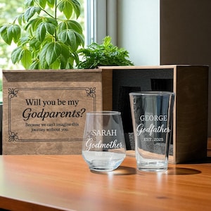 Be My Godparents Set with Engraved Glasses wine and beer combo box custom baptism gift proposal godmother godfather wedding present
