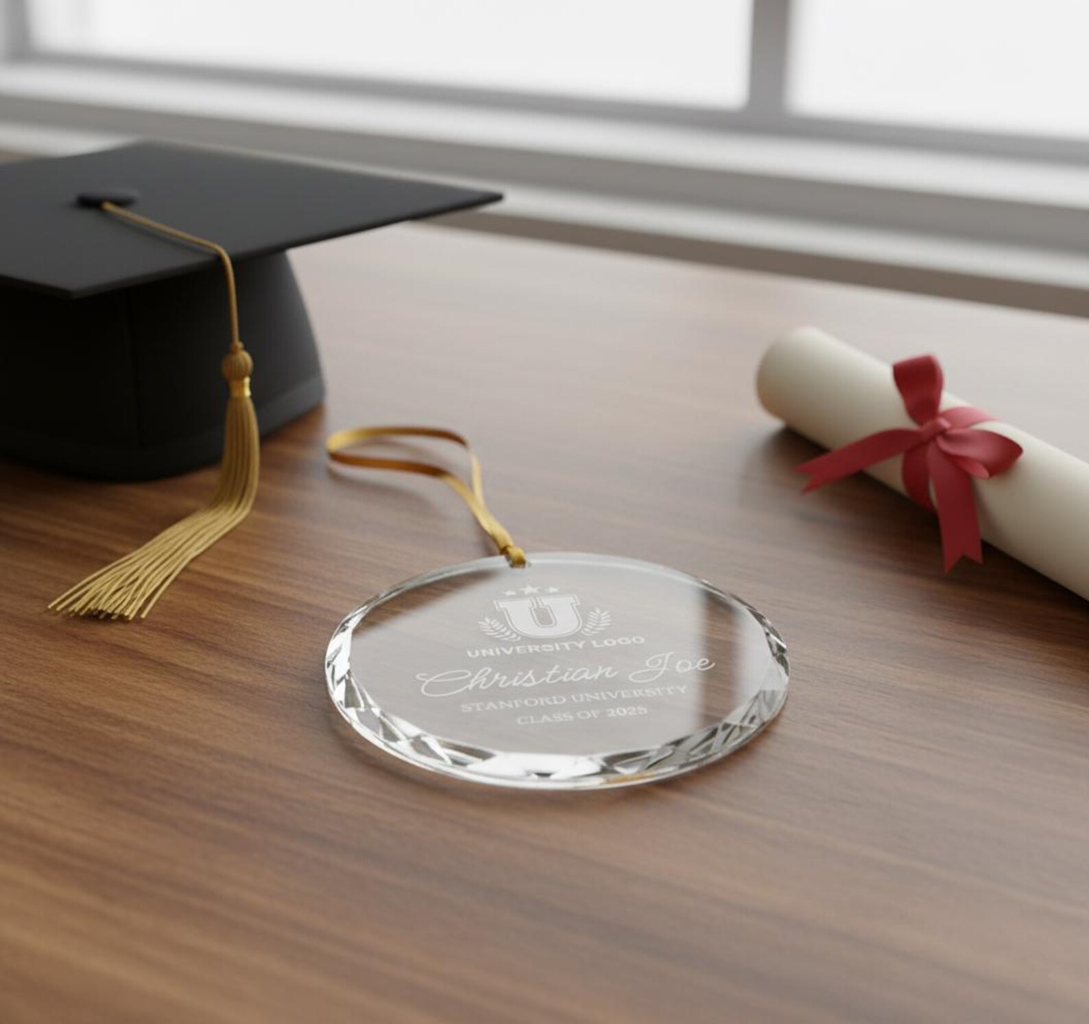 Custom College Logo Graduation Ornament - Laser Engraved Glass Keepsake ...