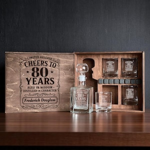 80th Birthday Gift, Whiskey Decanter Set, 80th Gift for Him, 1945 Whiskey Glass, Cheers to 80 Years, Personalized Glasses, 1945 Gift Box