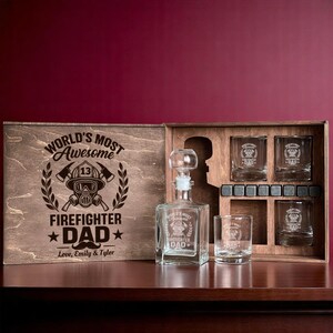 Firefighter Dad Gift, Fireman Whiskey Gift, Father's Day Gift, Whiskey Decanter Set, Custom Etched Glass, Bourbon Decanter, Stones