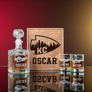 Football Fan Bar Gift For Him, Personalized Whiskey Decanter Set With Rocks Glasses, Custom Name Engraved Wooden Box, Christmas Gift