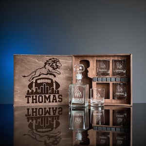 Personalized Whiskey Decanter Set With Rocks Glasses, Custom Name Wooden Box, Football Inspired Christmas or Fathers Day Gift