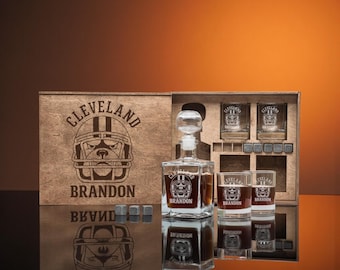 Cleveland Browns Football Whiskey Set With Etched Decanter, Engraved Glasses And Wooden Box, Premium Bar Gift For Men And Sports Fans