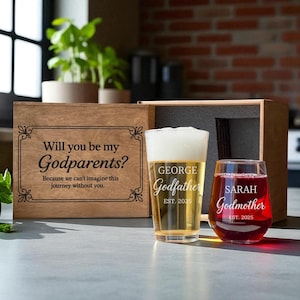 Custom Godparents Proposal Box with Wine and Beer Glasses engraved baptism set gift for godfather godmother personalized couple gift