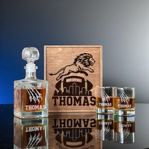 Whiskey Decanter Set With Rocks Glasses, Custom Name Engraved Wooden Box, Christmas Sports Gift For Men, Gift For Fathers Day