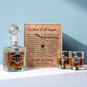 Verre à whisky où nous avons rencontré, notre premier rendez-vous, carte personnalisée, ensemble de carafes à whisky, cadeau d'anniversaire, carte-cadeau de mariage, cadeau pour lui