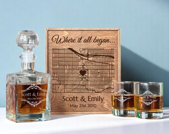 Where We Met Whiskey Glass, Our First Date Map, Custom Map, Whiskey Decanter Set, Anniversary Gift, Wedding Gift Map, Gift For Him