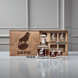 Engraved Football Whiskey Set With Etched Decanter And Glasses, Personalized Wooden Box Gift For Sports Fans And Men