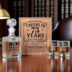Gift for 75 Year Old, 75th Gift Box, Whiskey Decanter Set, Cheers to 75 Years, Etched Glasses, 1950 Glass, Birthday Gift for Dad