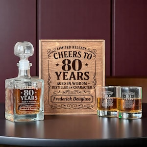 80th Gift for Him, Whiskey Decanter Set, Gift for Dad, 1945 Whiskey Glass, Personalized Glasses, Cheers to 80 Years, Gift Box, Grand Dad