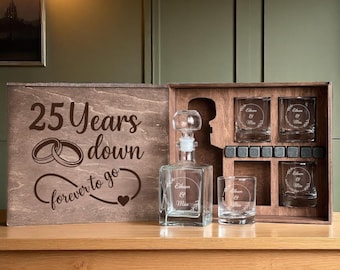 25 Year Anniversary, Silver Anniversary, Whiskey Decanter Set, Personalized Glass, Wedding Anniversary, Husband Gift, Etched Whiskey Glass