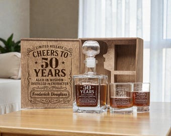 50th Birthday Decanter Set,  Personalized Whiskey Glasses, 1976 Whiskey Glass, Custom Etched Rocks Glass in the Gift Box