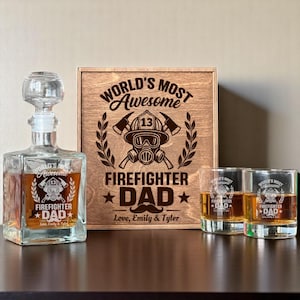 Father's Day Gift for Firefighter, Whiskey Decanter Set, Fireman Gift, Personalized Glasses, Whiskey Stones, Gift for Fireman Dad