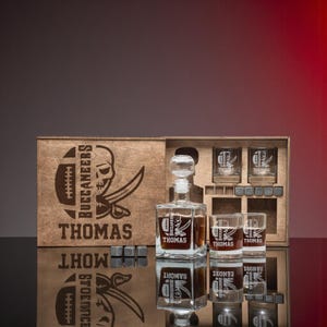 Engraved Football Bar Set Featuring Etched Whiskey Decanter And Glasses, Personalized Wooden Box Gift For Sports Lovers